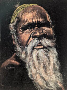 Signed vintage velvet painting Aboriginal man 13 x 16", Indigenous wise man